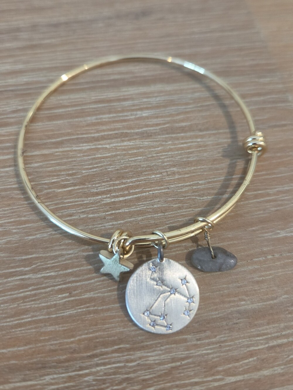 Horoscope Cubic Zirconia Disk Bangle Bracelet with Genuine Stone & Star Charm
